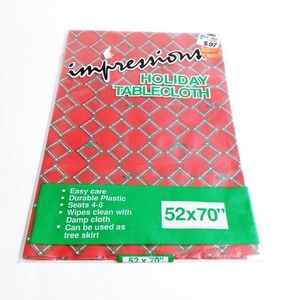 Vintage Christmas Table Cloth Red & Green Holly Easy Care Plastic New (LB)